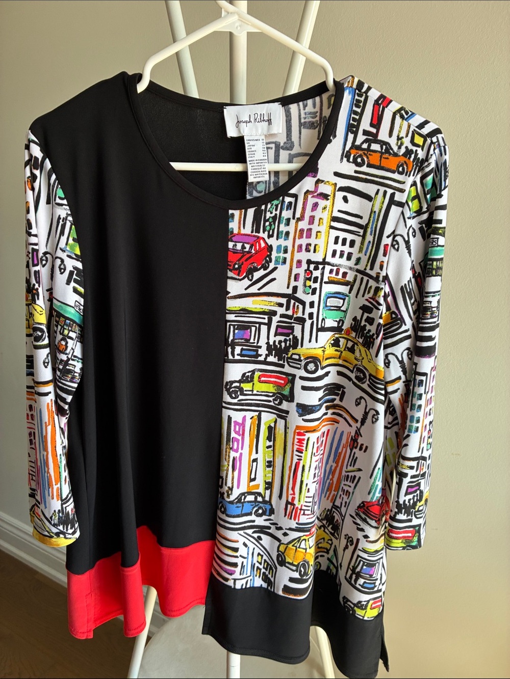 Joseph Ribkoff Black with Multicolor City-Print Long Sleeve Top